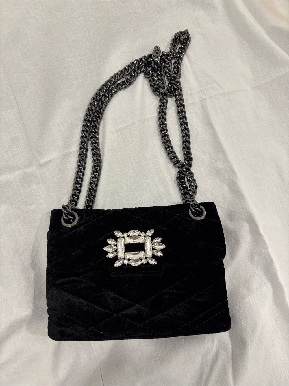 Kurt Geiger Black Quilted Velvet Shoulder Bag w/ Crystal Brooch / Gunmetal Chain